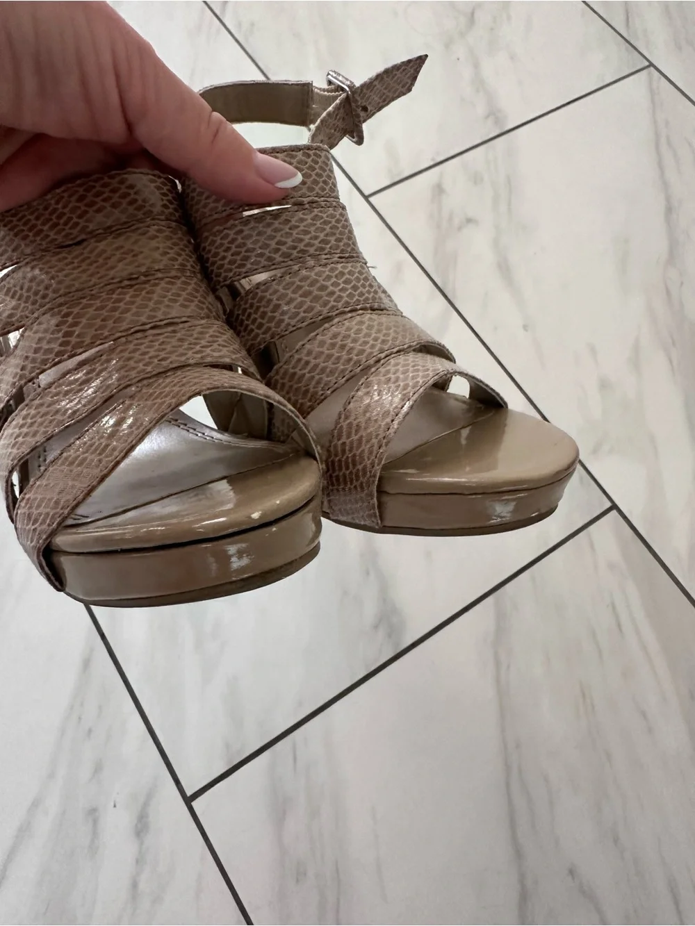 Strappy Taupe High Heel Sandal with Snakeskin Texture
